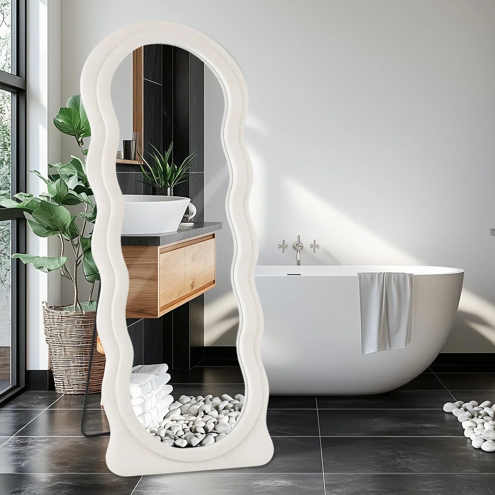 Oversized 160.02cm X 60.96cm Wavy Full-length Floor Mirror with Stand - Irregular Wave Design, White... - House Of Avana