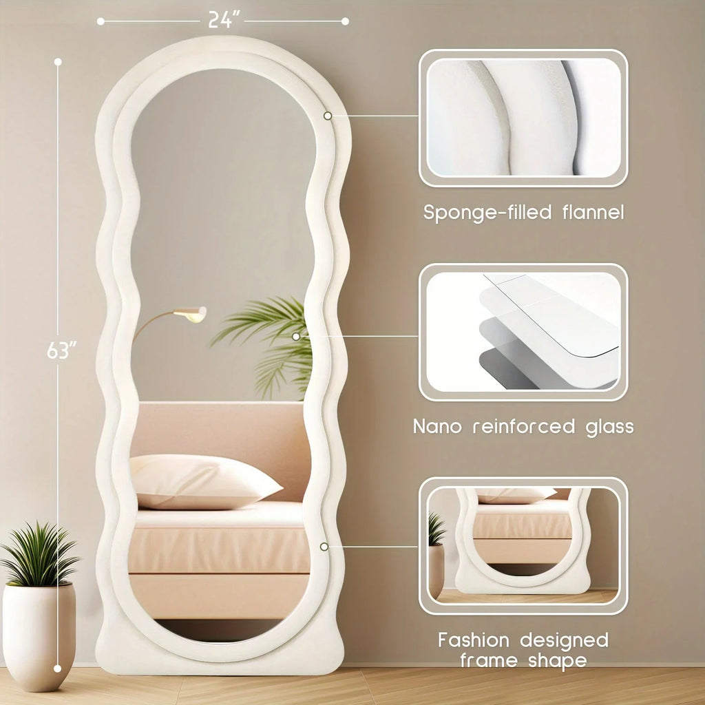 Oversized 160.02cm X 60.96cm Wavy Full-length Floor Mirror with Stand - Irregular Wave Design, White... - House Of Avana