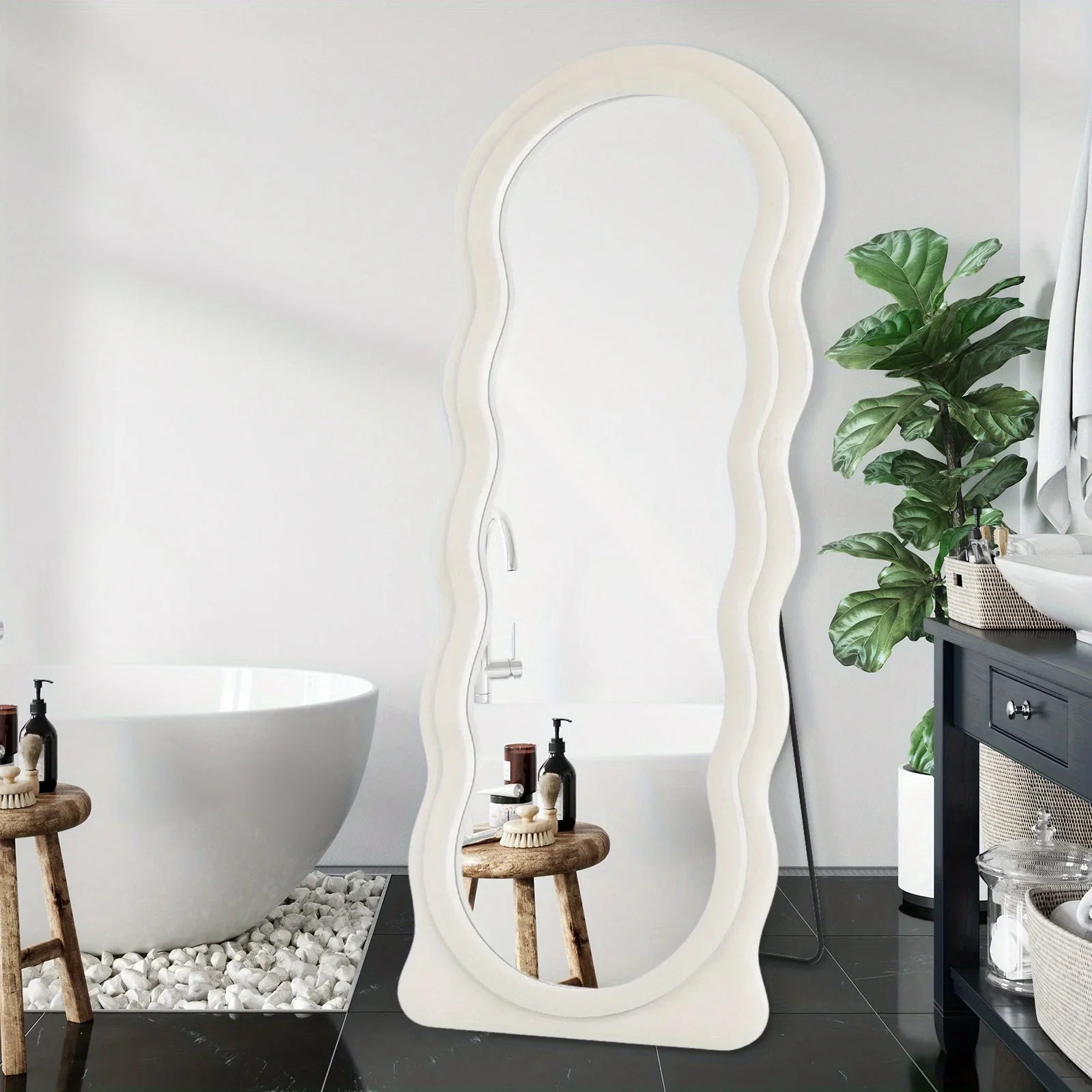 Oversized 160.02cm X 60.96cm Wavy Full-length Floor Mirror with Stand - Irregular Wave Design, White... - House Of Avana