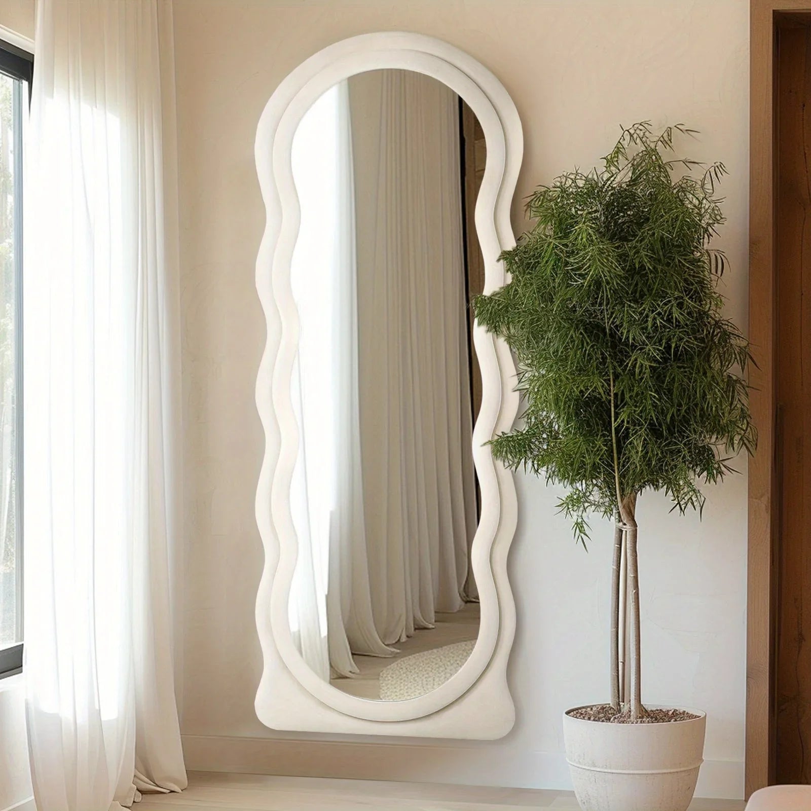 Oversized 160.02cm X 60.96cm Wavy Full-length Floor Mirror with Stand - Irregular Wave Design, White... - House Of Avana