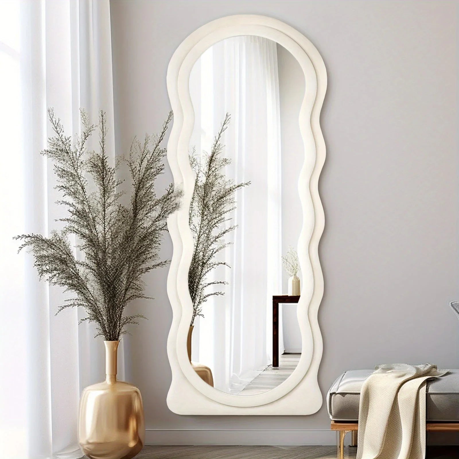 Oversized 160.02cm X 60.96cm Wavy Full-length Floor Mirror with Stand - Irregular Wave Design, White... - House Of Avana