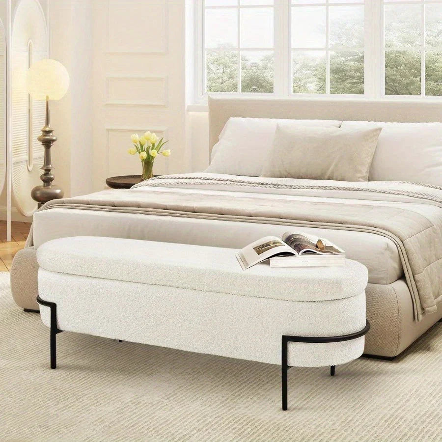 [Modern Boucle Storage Bench] 52" Extra-Long Boucle Storage Bench | Upholstered Teddy Ottoman with Hidden Compartment, Modern Non-Wood Freestanding Design for Bedroom, Entryway, Living Room (White) House Of Avana
