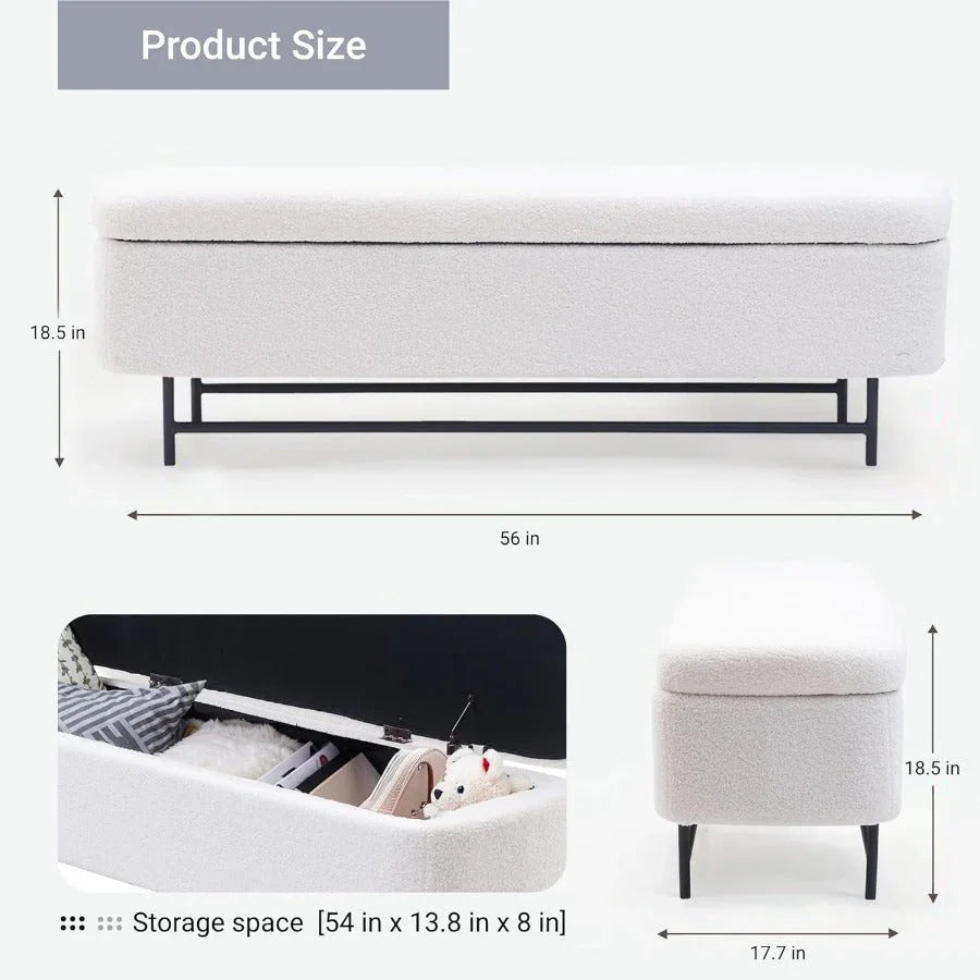[Modern Boucle Storage Bench] 52" Extra-Long Boucle Storage Bench | Upholstered Teddy Ottoman with Hidden Compartment, Modern Non-Wood Freestanding Design for Bedroom, Entryway, Living Room (White) House Of Avana