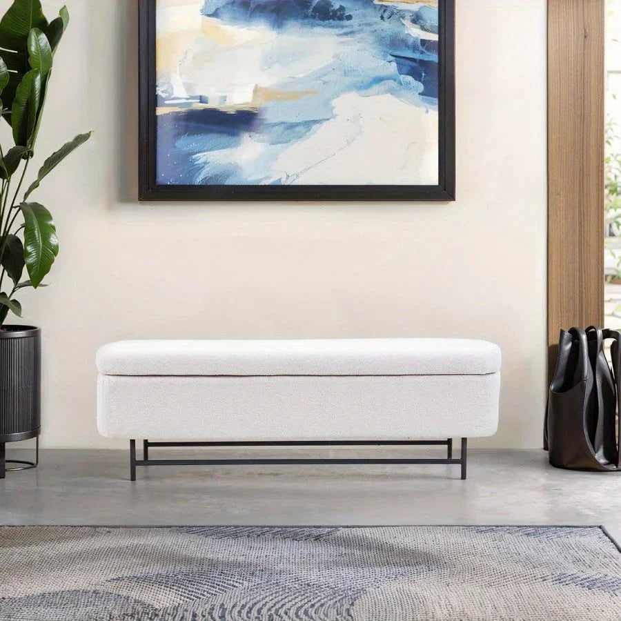 [Modern Boucle Storage Bench] 52" Extra-Long Boucle Storage Bench | Upholstered Teddy Ottoman with Hidden Compartment, Modern Non-Wood Freestanding Design for Bedroom, Entryway, Living Room (White) House Of Avana