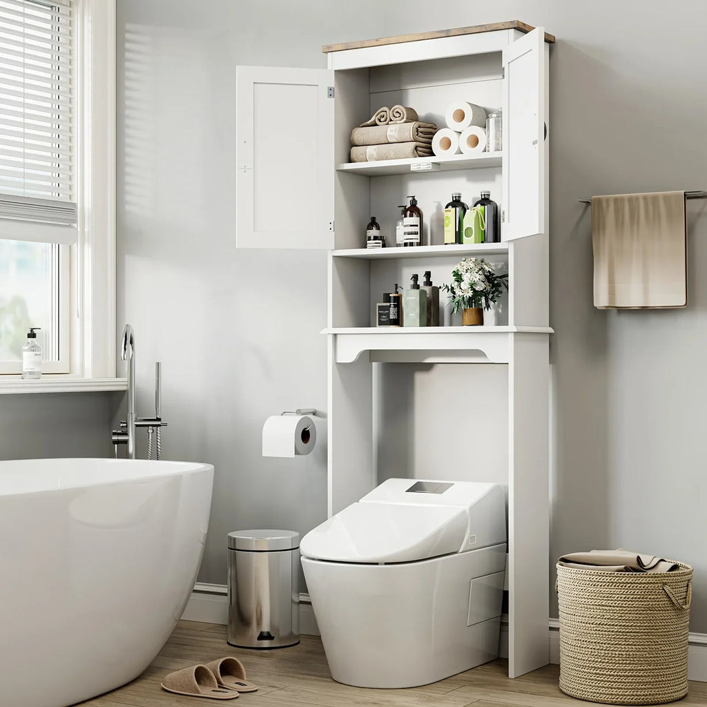 167.64cmH White Metal Over The Toilet Storage Cabinet with 2 Doors - Freestanding Space-Saving Bathroom Organizer with Adjustable Shelves & Anti-Tip Design, Over-The-Toilet Storage Cabinet with Upper Door Storage, Sturdy Meta House Of Avana