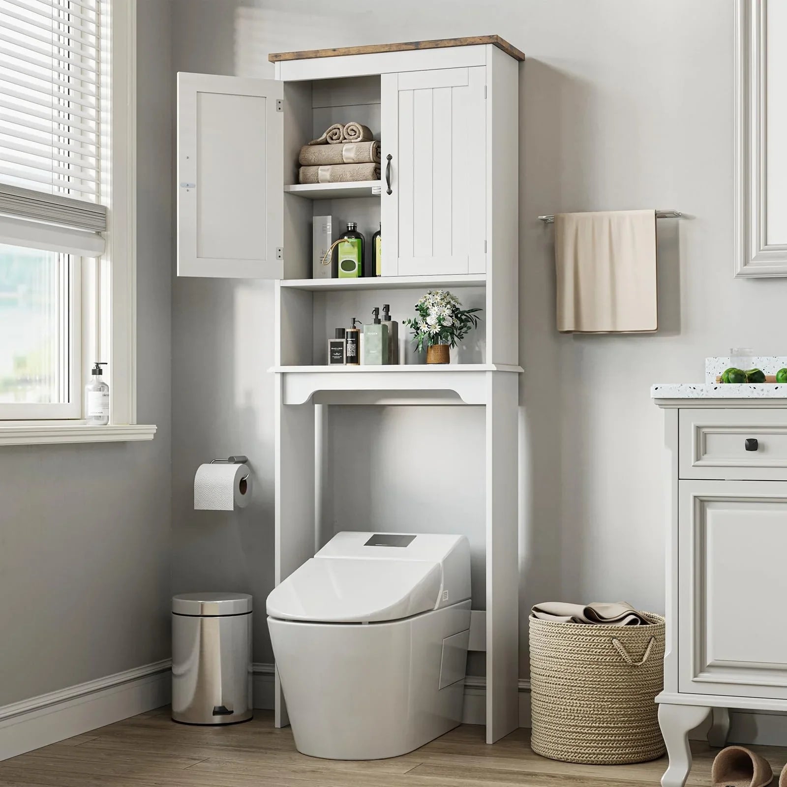 167.64cmH White Metal Over The Toilet Storage Cabinet with 2 Doors - Freestanding Space-Saving Bathroom Organizer with Adjustable Shelves & Anti-Tip Design, Over-The-Toilet Storage Cabinet with Upper Door Storage, Sturdy Meta House Of Avana