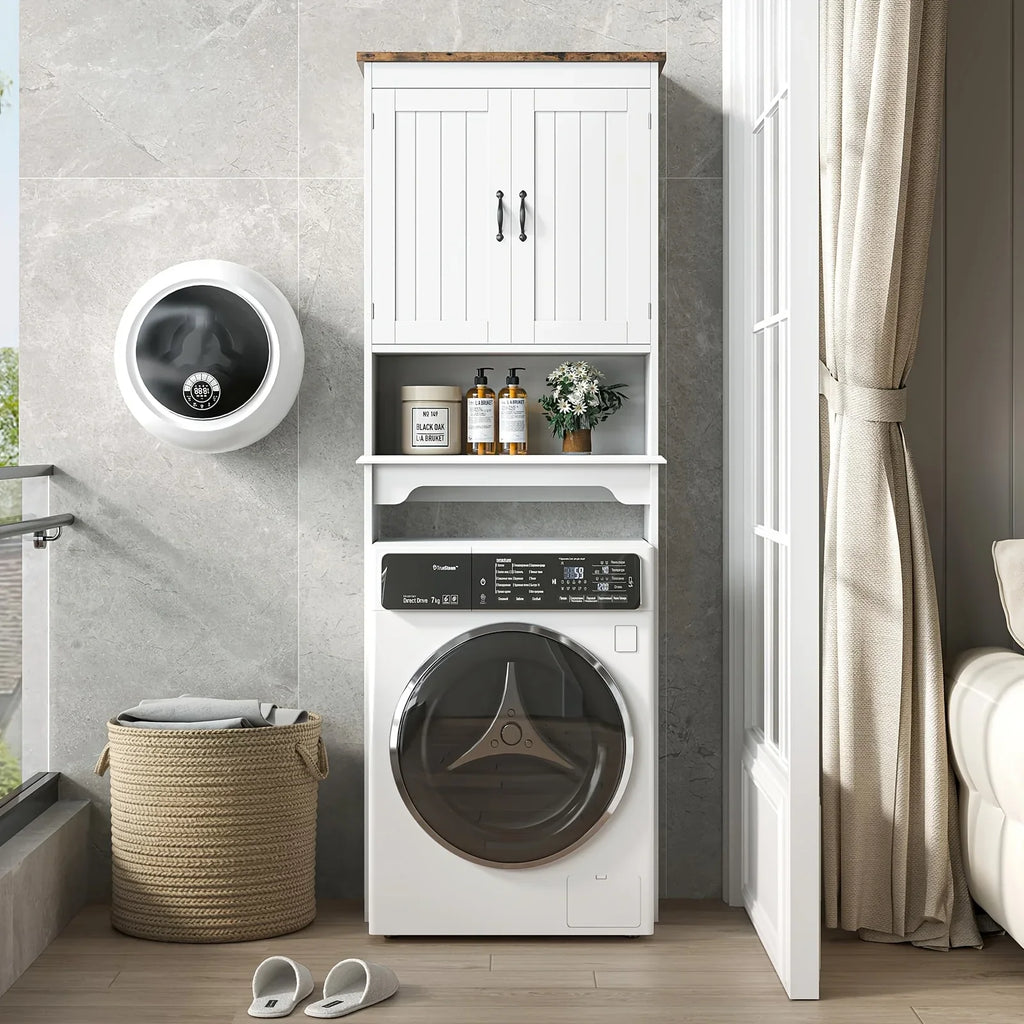 167.64cmH White Metal Over The Toilet Storage Cabinet with 2 Doors - Freestanding Space-Saving Bathroom Organizer with Adjustable Shelves & Anti-Tip Design, Over-The-Toilet Storage Cabinet with Upper Door Storage, Sturdy Meta House Of Avana