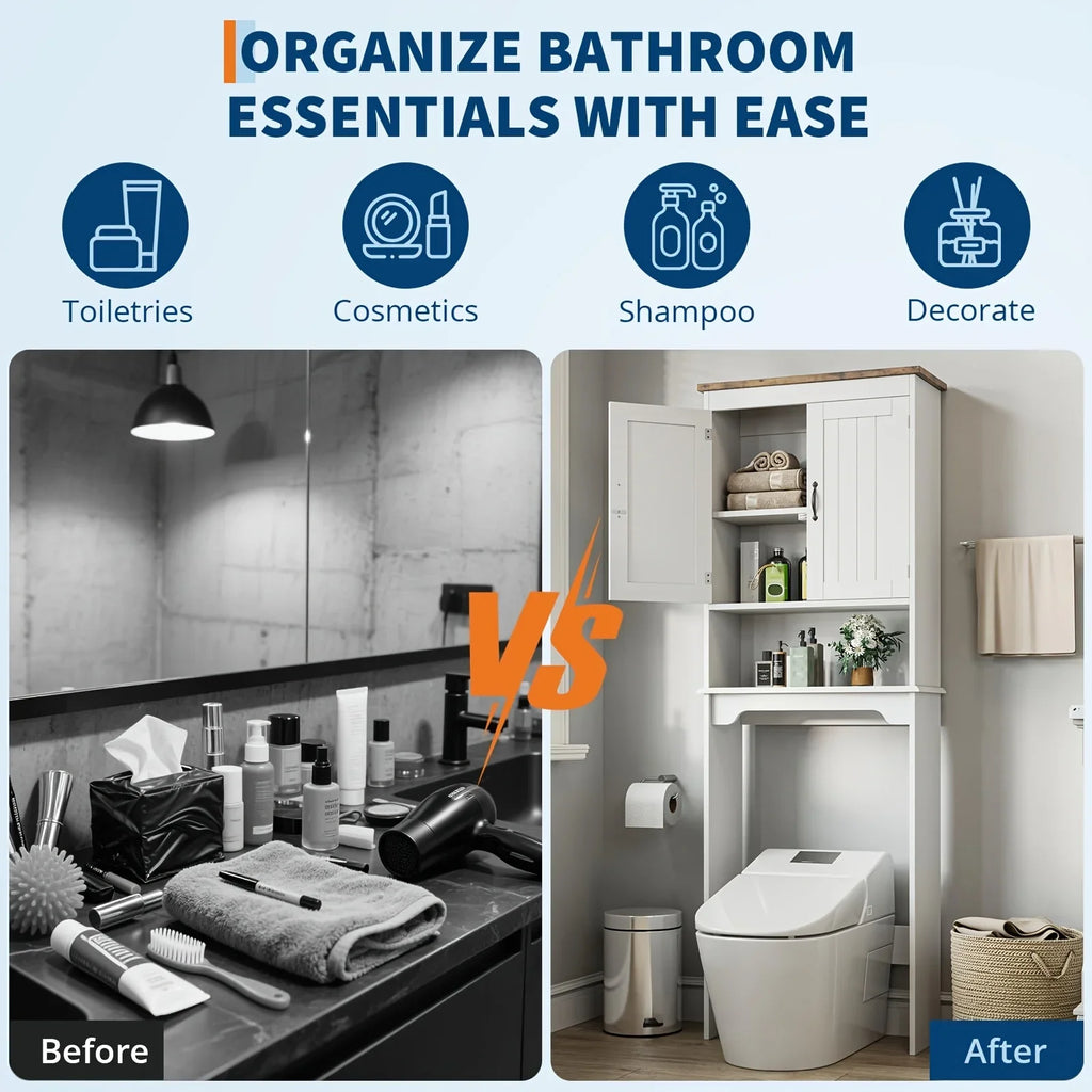 167.64cmH White Metal Over The Toilet Storage Cabinet with 2 Doors - Freestanding Space-Saving Bathroom Organizer with Adjustable Shelves & Anti-Tip Design, Over-The-Toilet Storage Cabinet with Upper Door Storage, Sturdy Meta House Of Avana