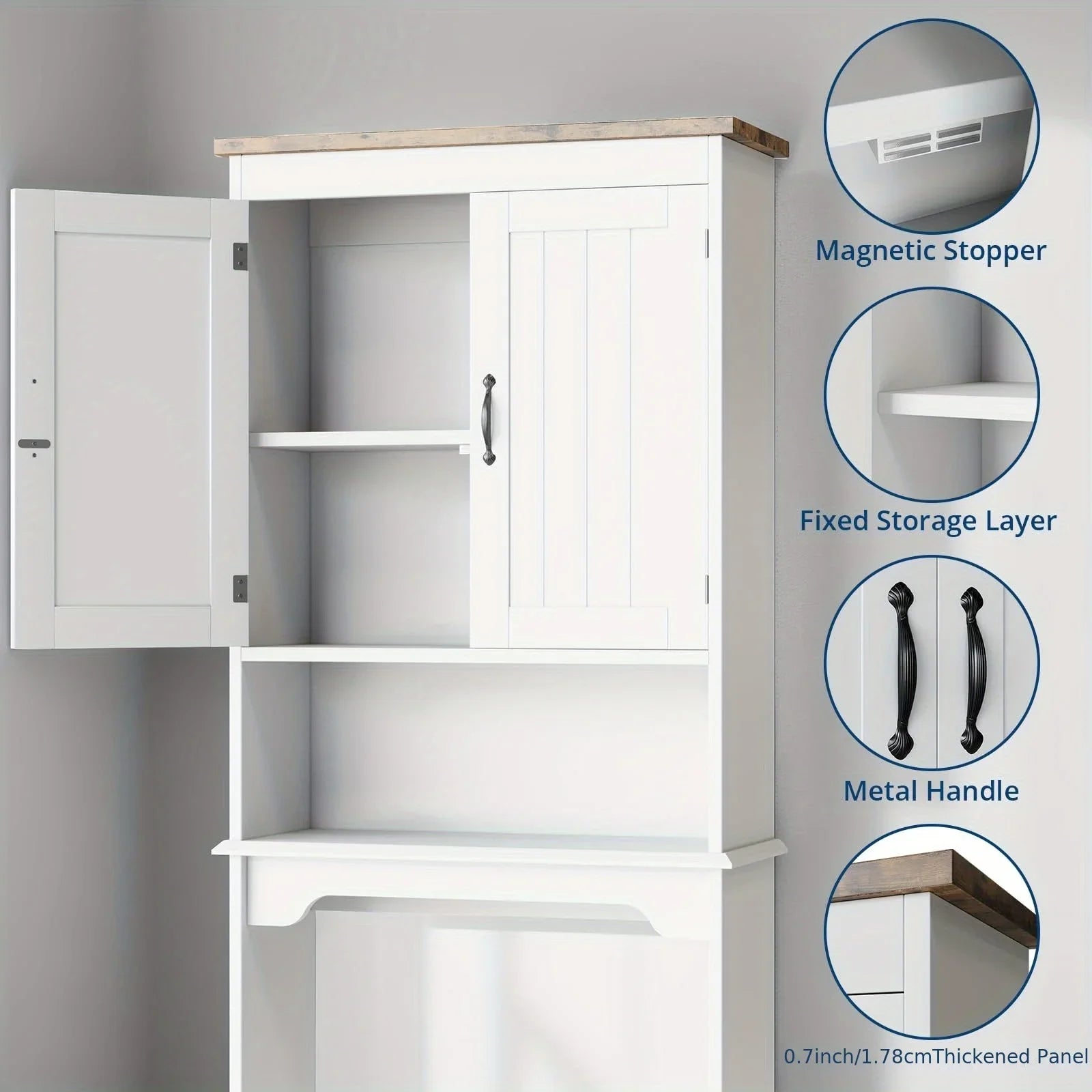 167.64cmH White Metal Over The Toilet Storage Cabinet with 2 Doors - Freestanding Space-Saving Bathroom Organizer with Adjustable Shelves & Anti-Tip Design, Over-The-Toilet Storage Cabinet with Upper Door Storage, Sturdy Meta House Of Avana