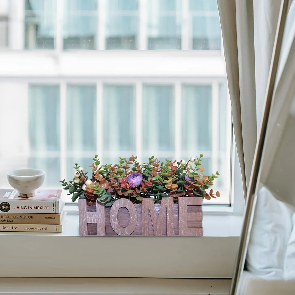 Autumn-inspired Artificial Eucalyptus and Purple Peony Potted Plant in Rectangular Wooden Planter Box... - House Of Avana