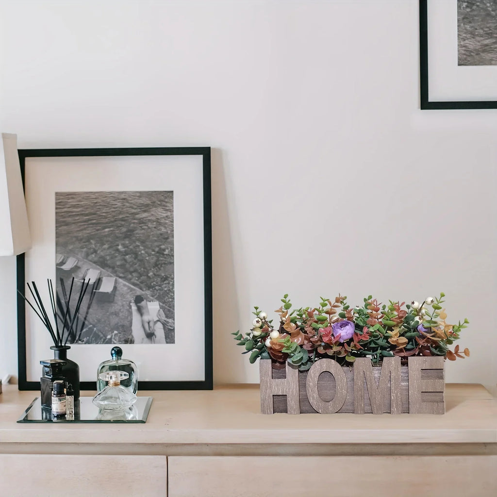 Autumn-inspired Artificial Eucalyptus and Purple Peony Potted Plant in Rectangular Wooden Planter Box... - House Of Avana