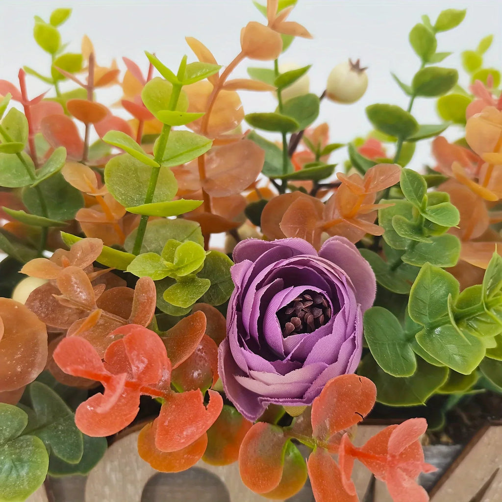 Autumn-inspired Artificial Eucalyptus and Purple Peony Potted Plant in Rectangular Wooden Planter Box... - House Of Avana