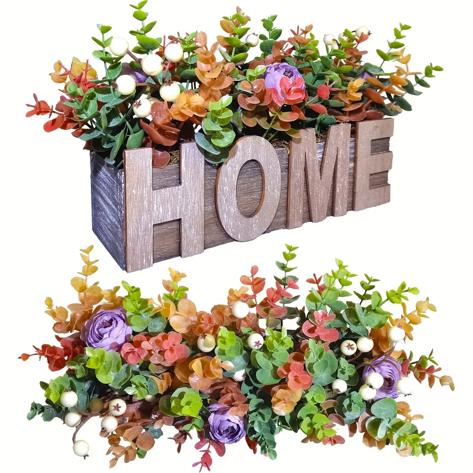 Autumn-inspired Artificial Eucalyptus and Purple Peony Potted Plant in Rectangular Wooden Planter Box... - House Of Avana