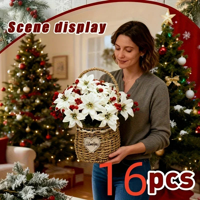 Artificial Flowers Poinsettia with Stems, White and Red Berries - House Of Avana