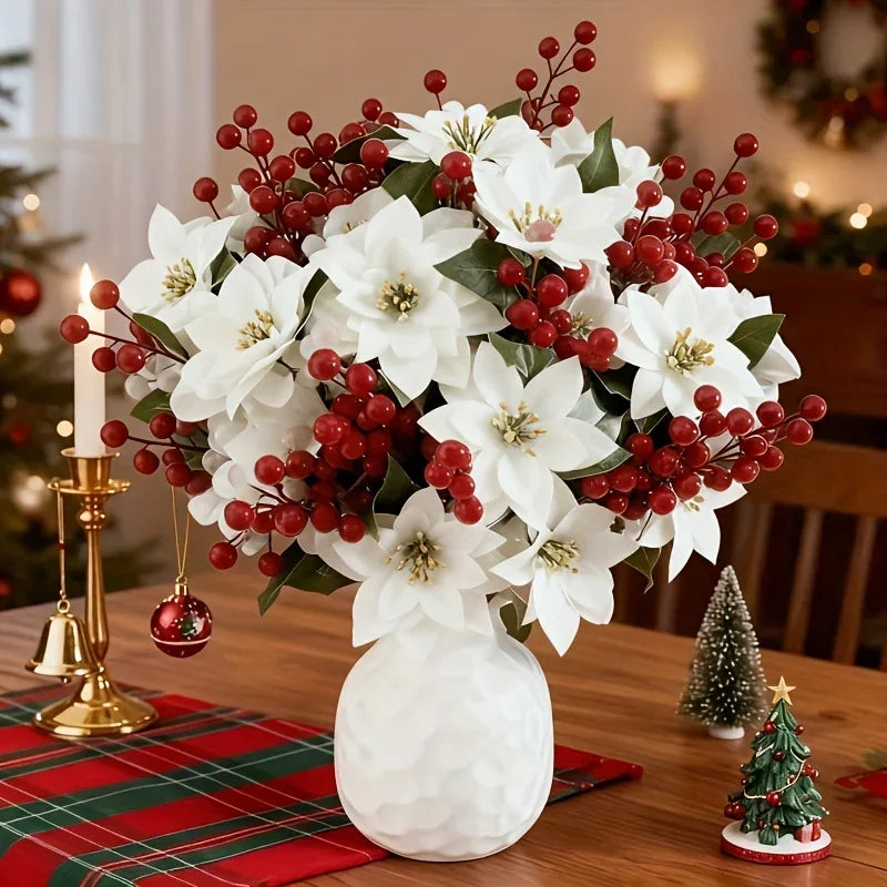 Artificial Flowers Poinsettia with Stems, White and Red Berries - House Of Avana