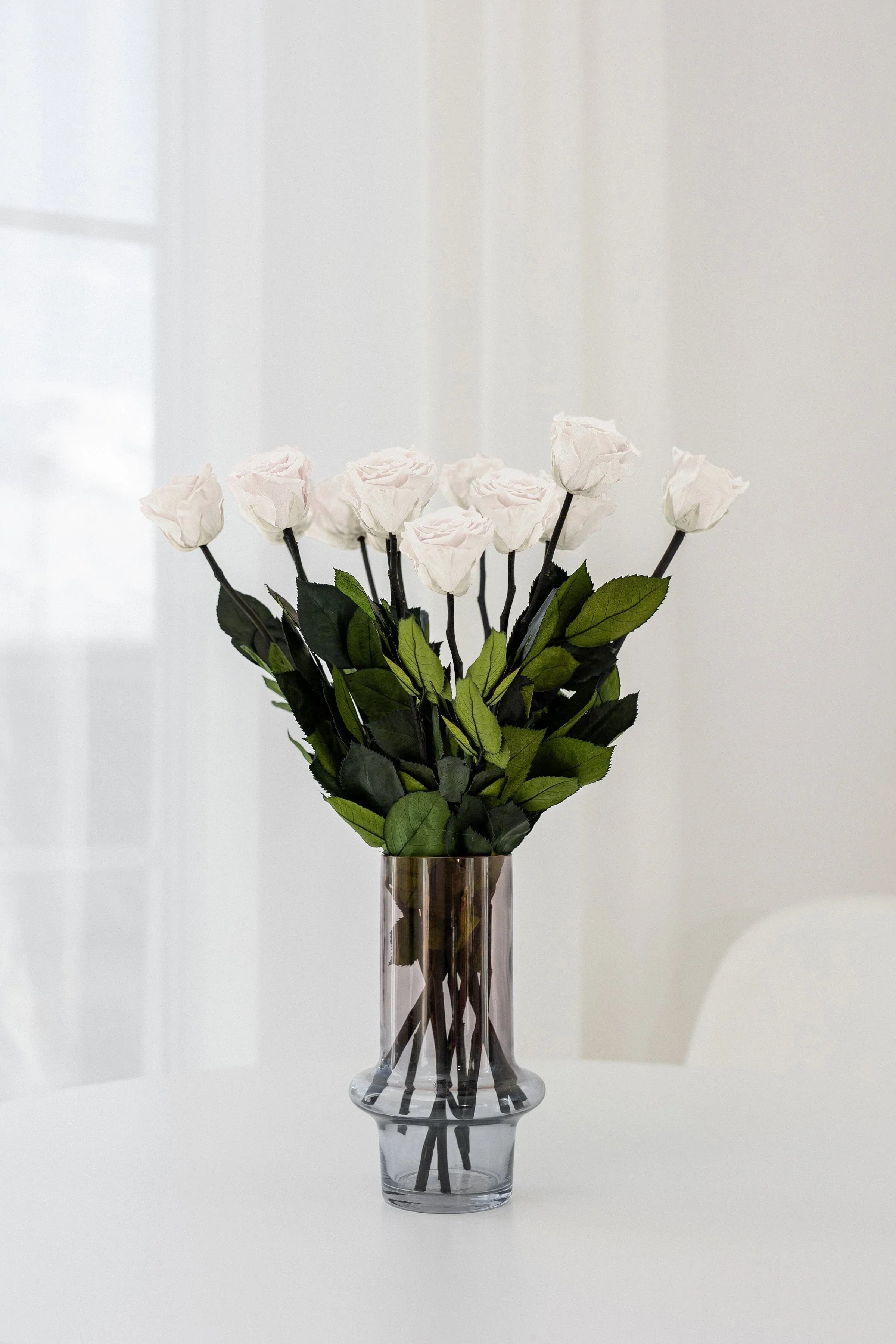 White roses in a vase, long stem floral arrangement - House of Avana
