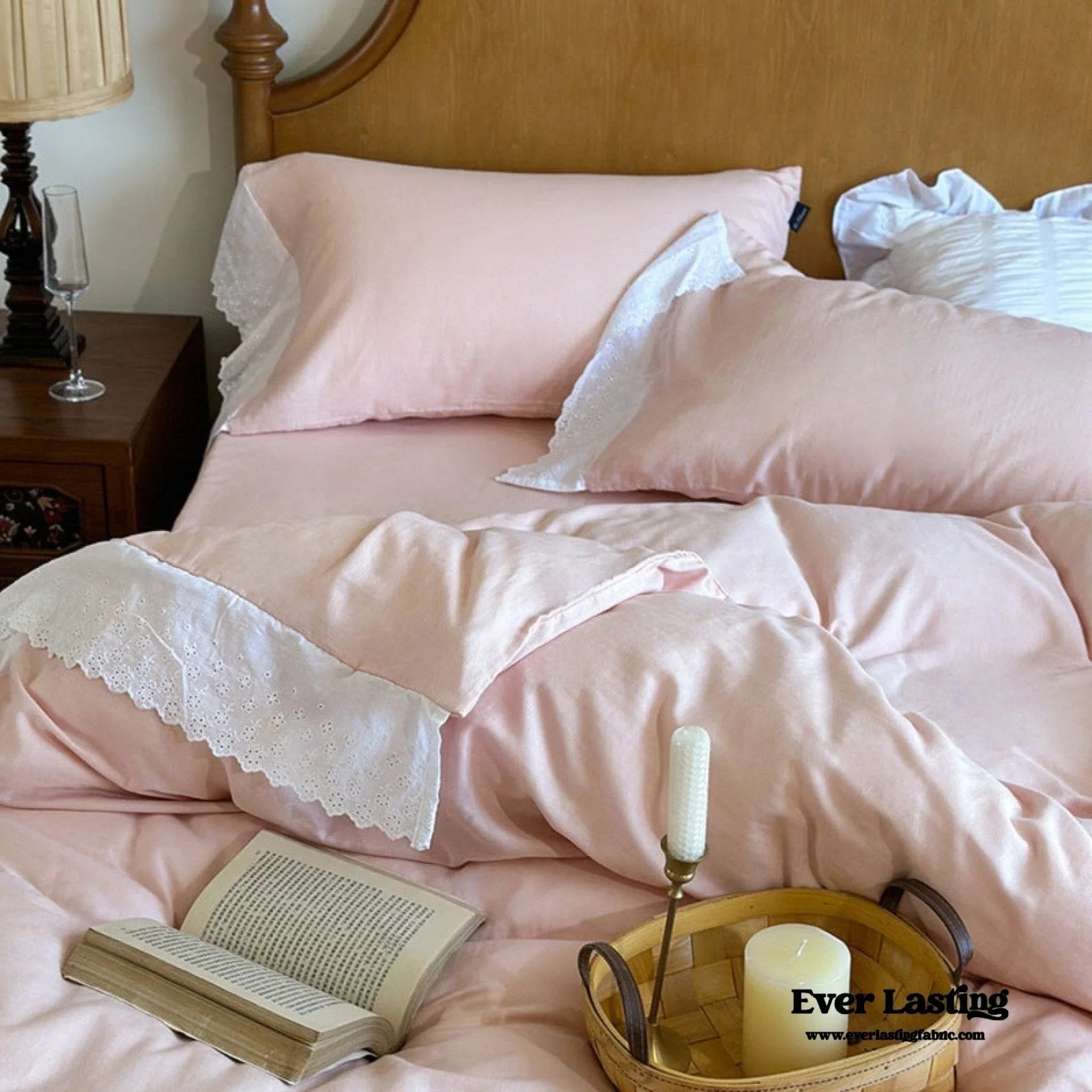 White Ruffle Lace Bedding Set / Purple Ever Lasting