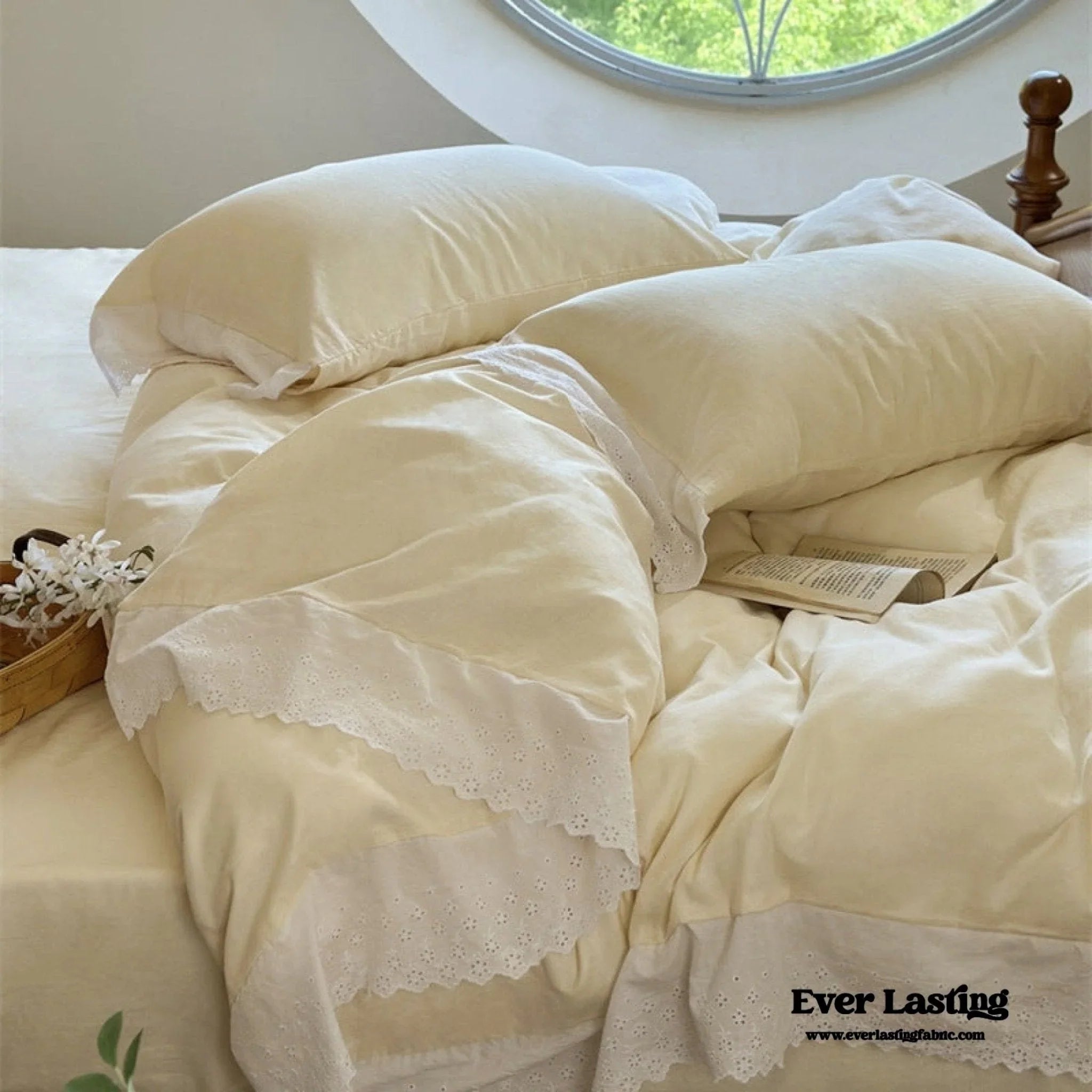 White Ruffle Lace Bedding Set / Purple Ever Lasting