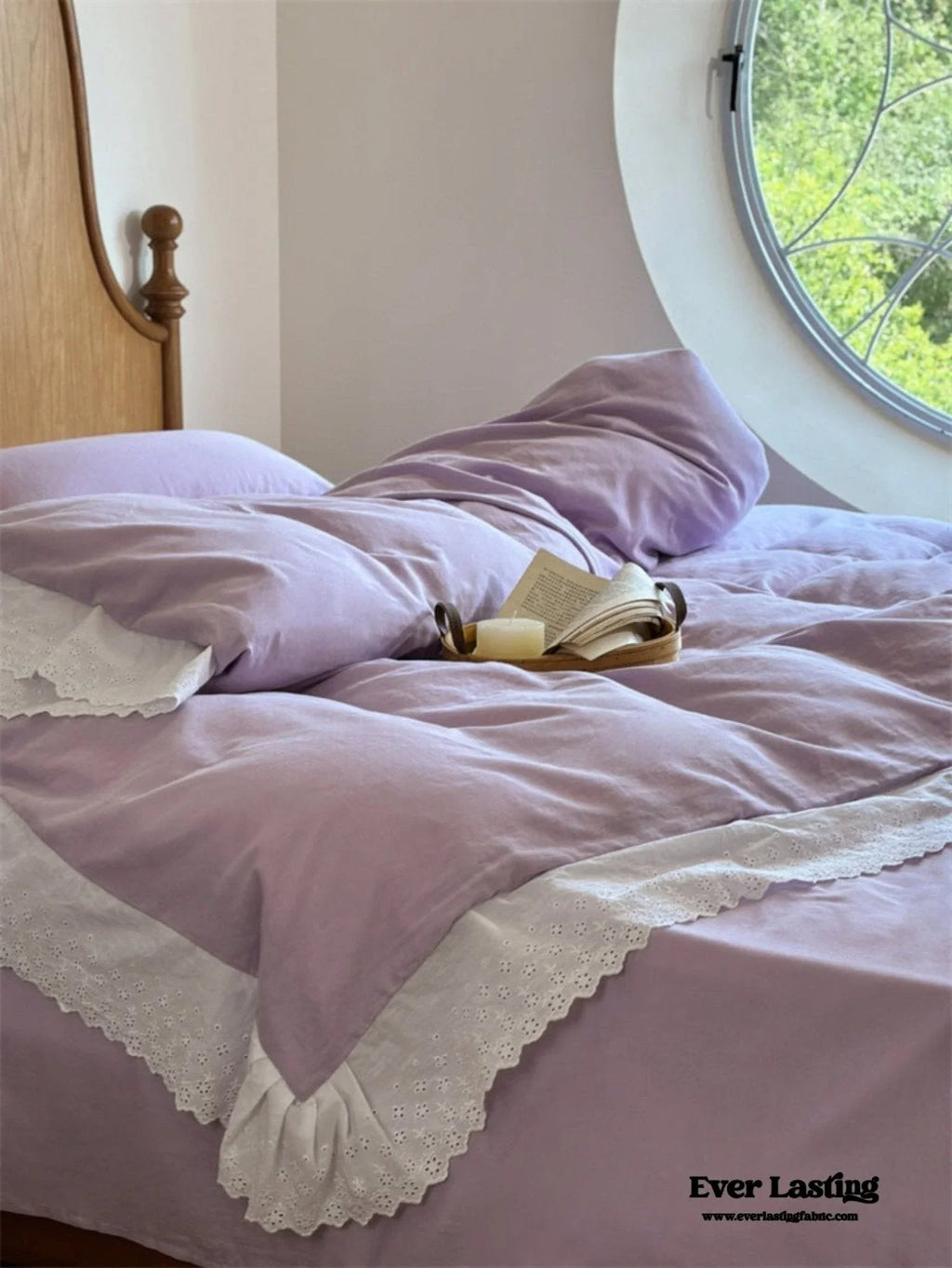 White Ruffle Lace Bedding Set / Purple Ever Lasting
