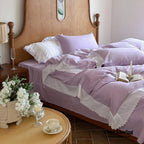 White Ruffle Lace Bedding Set / Purple Ever Lasting