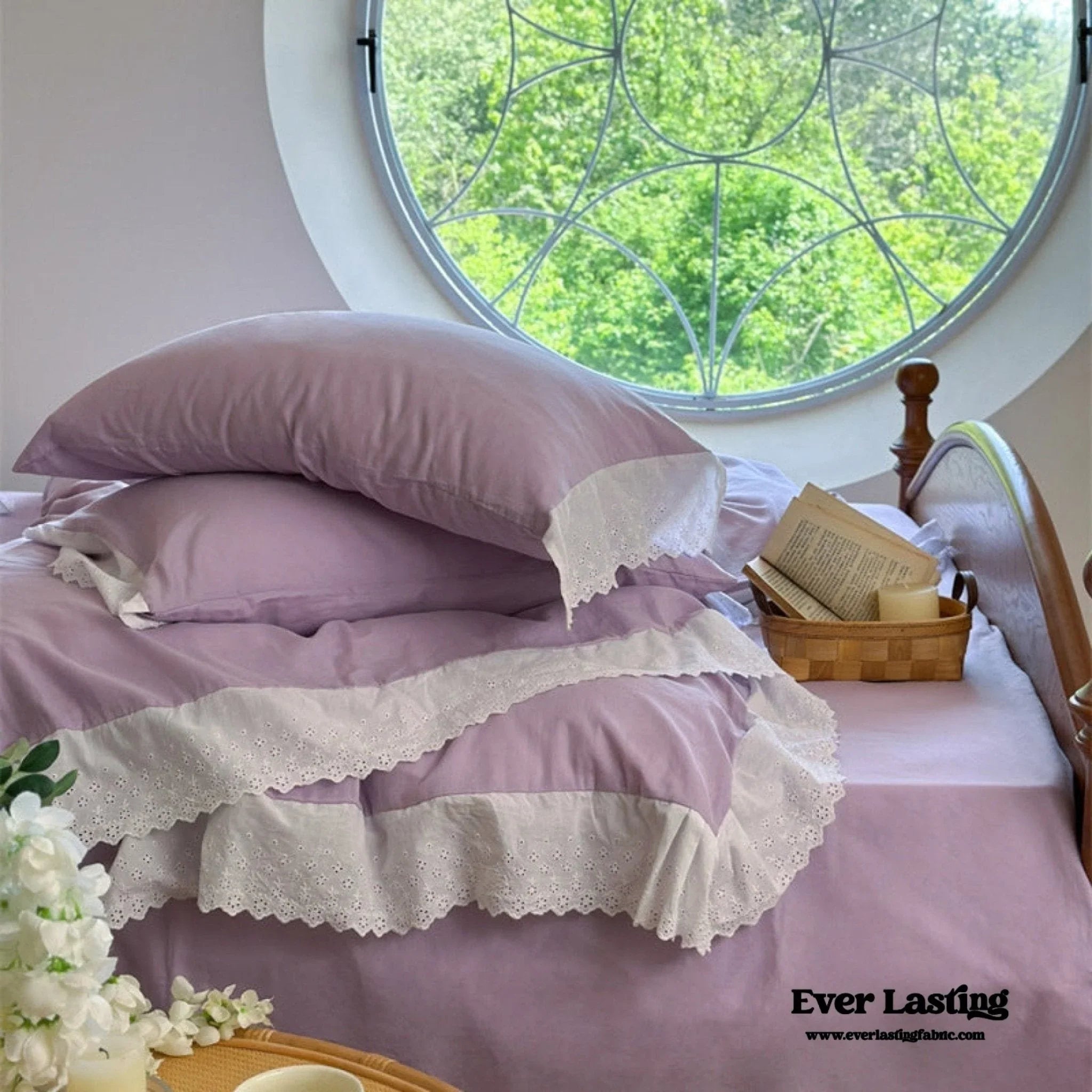 White Ruffle Lace Bedding Set / Purple Ever Lasting