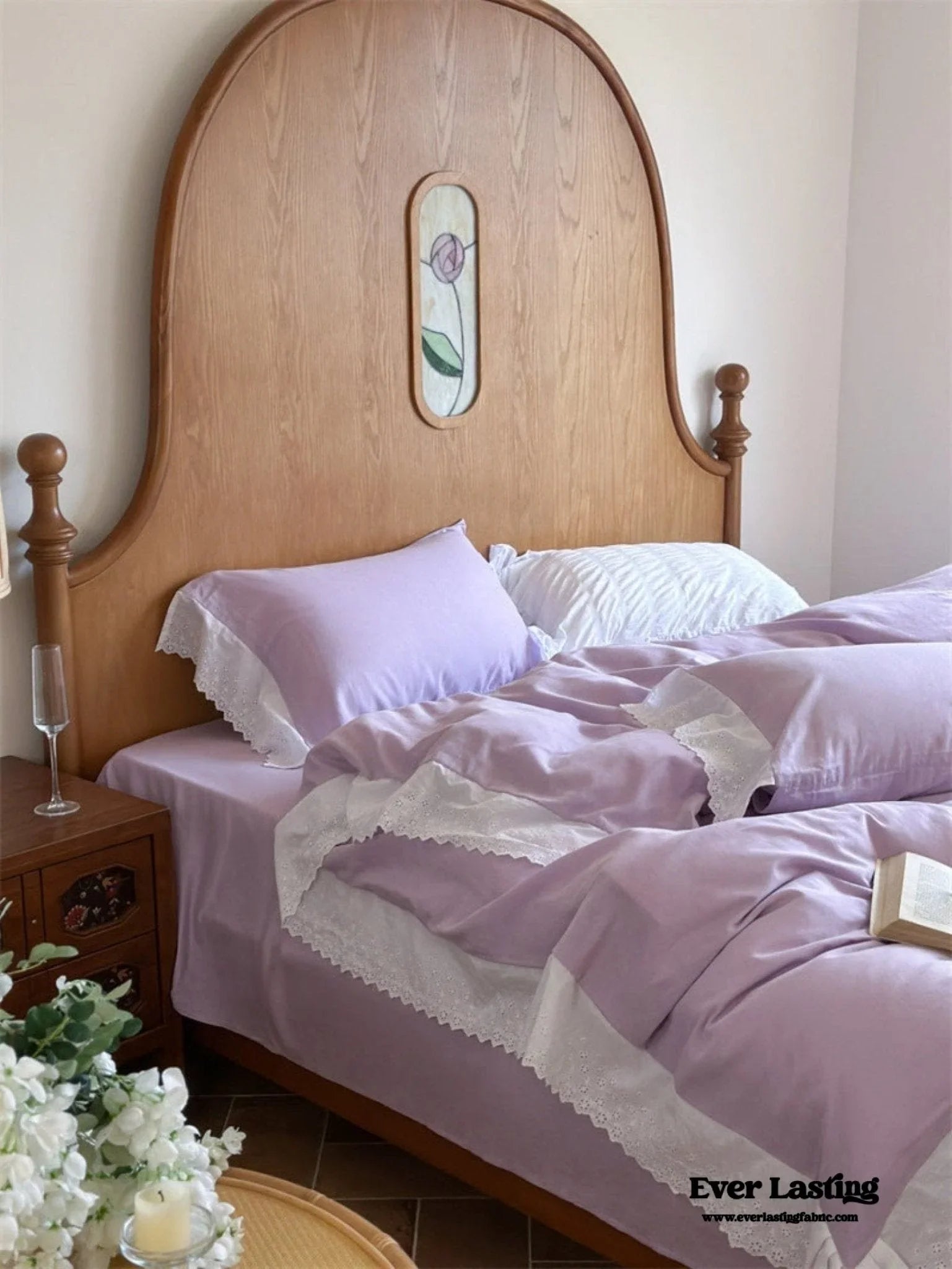 White Ruffle Lace Bedding Set / Purple Ever Lasting