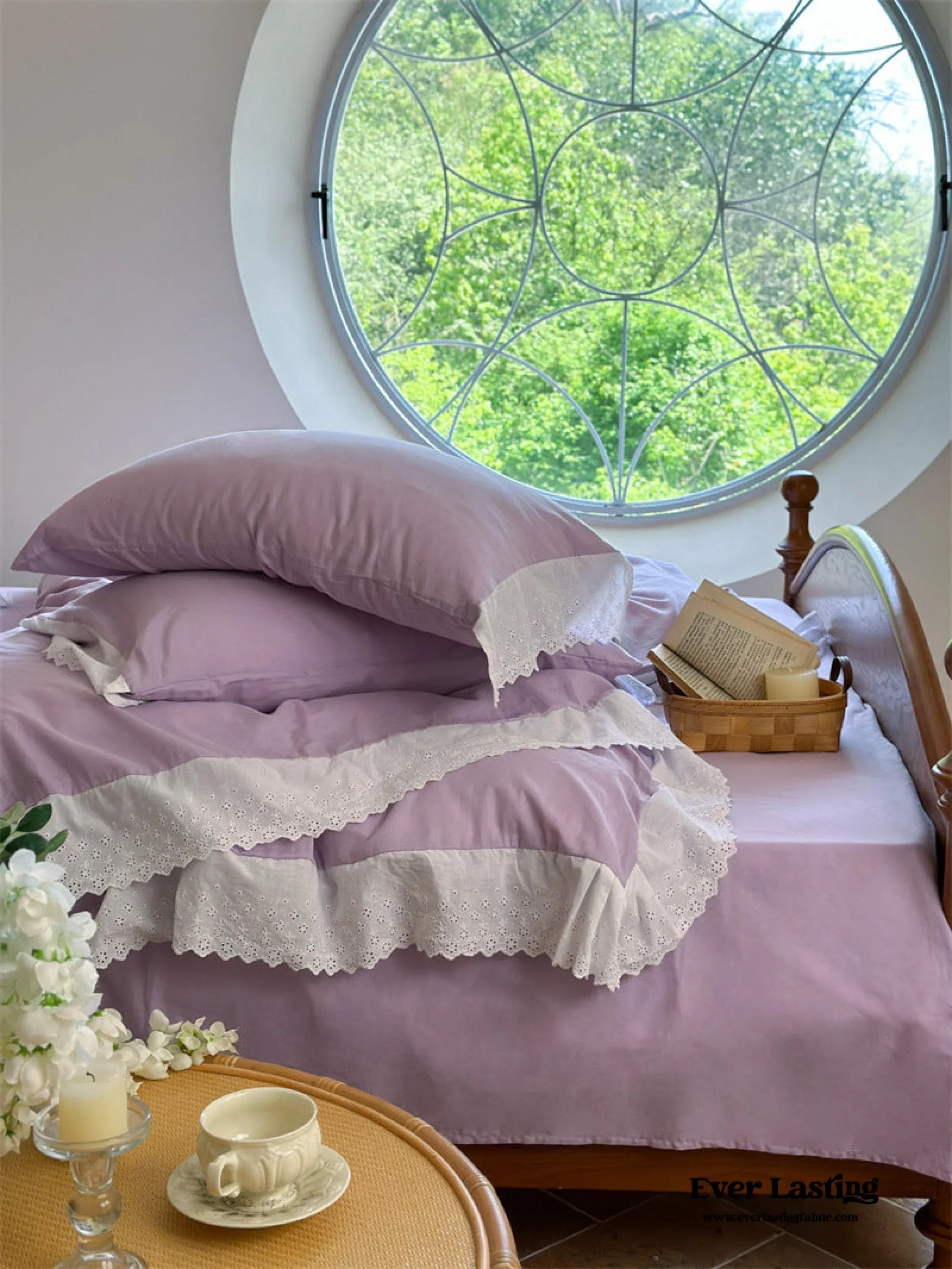 White Ruffle Lace Bedding Set / Purple Ever Lasting