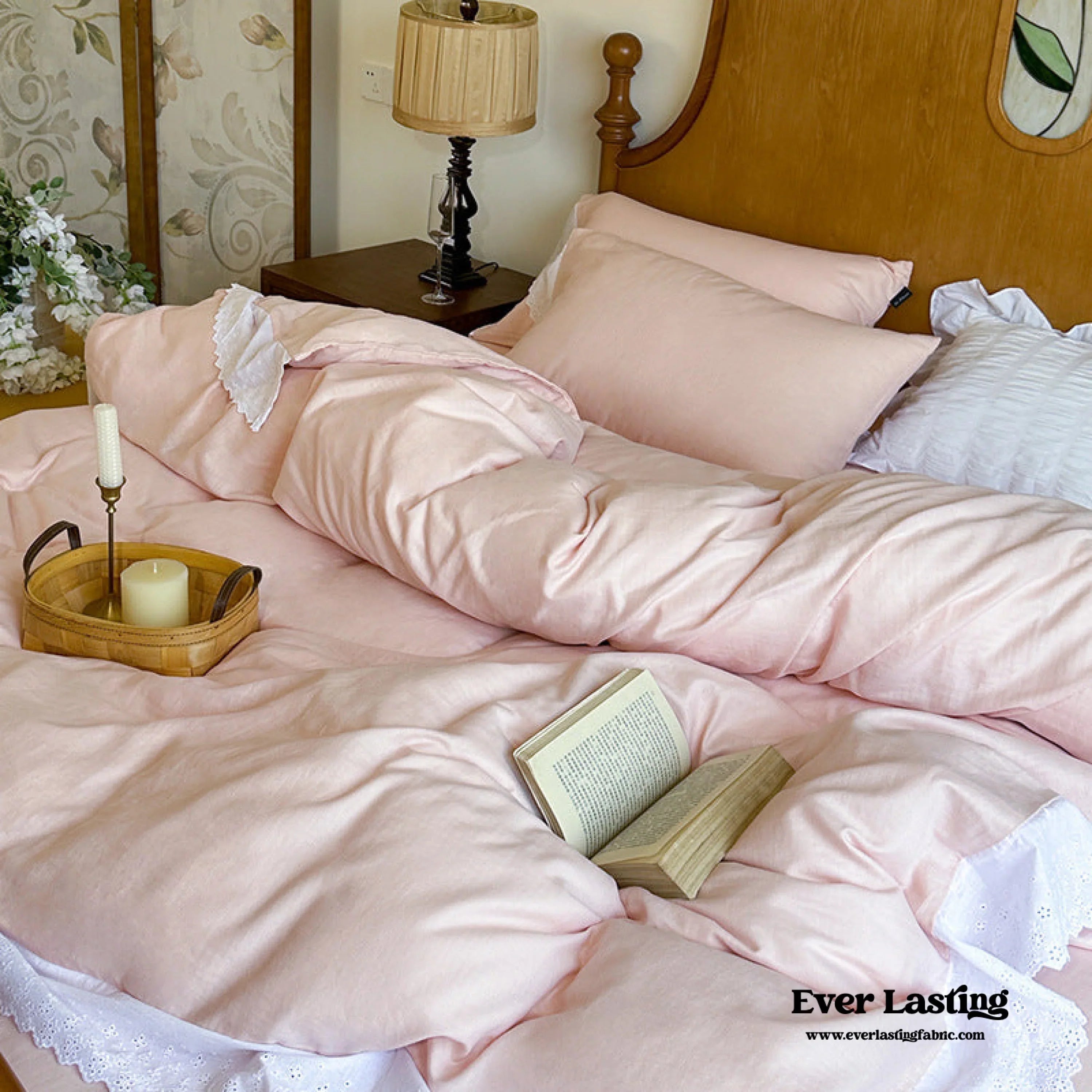 White Ruffle Lace Bedding Set / Purple Ever Lasting