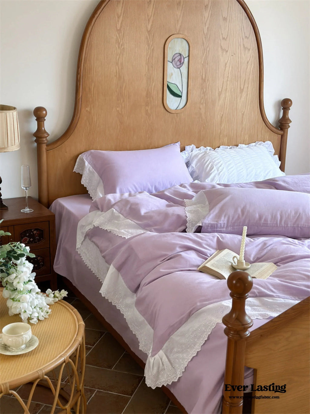 White Ruffle Lace Bedding Set / Purple Ever Lasting