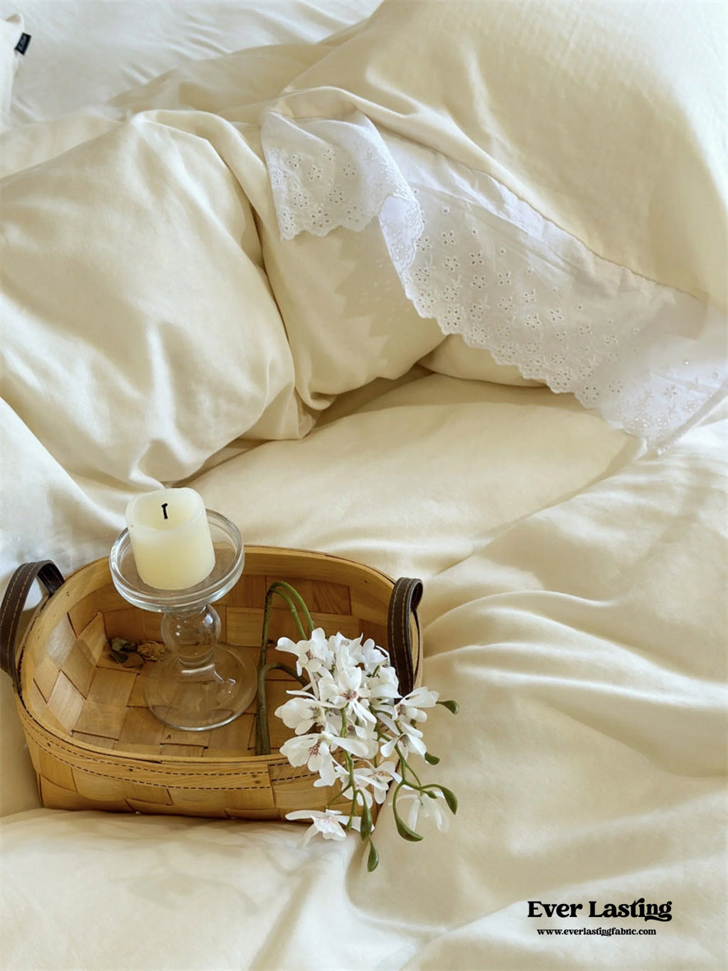 White Ruffle Lace Bedding Set / Purple Ever Lasting