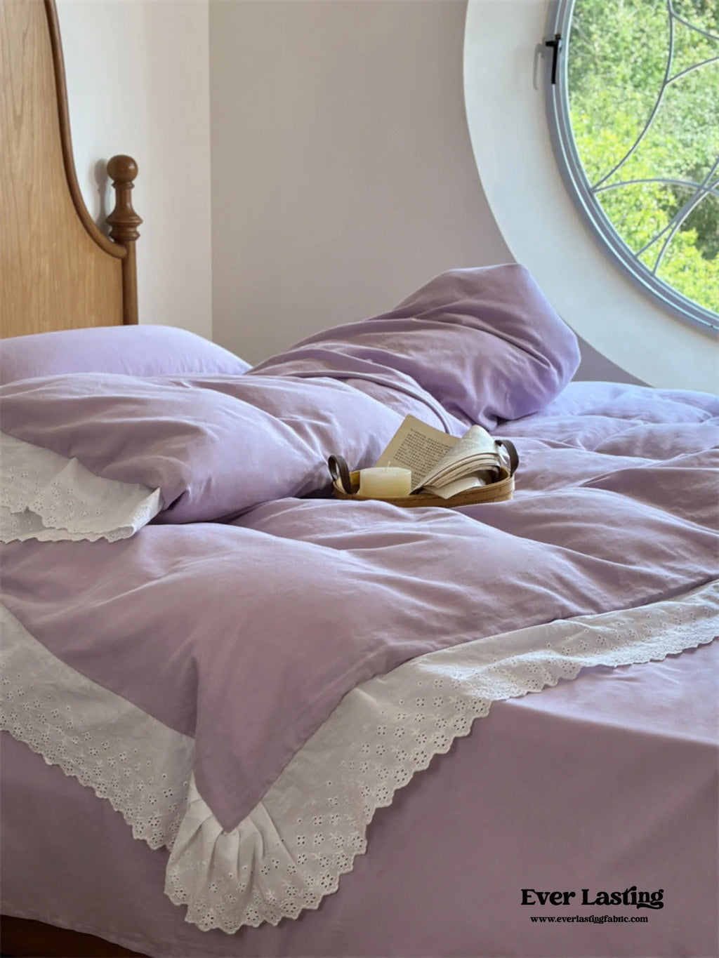 White Ruffle Lace Bedding Set / Purple Ever Lasting