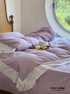 White Ruffle Lace Bedding Set / Purple Ever Lasting