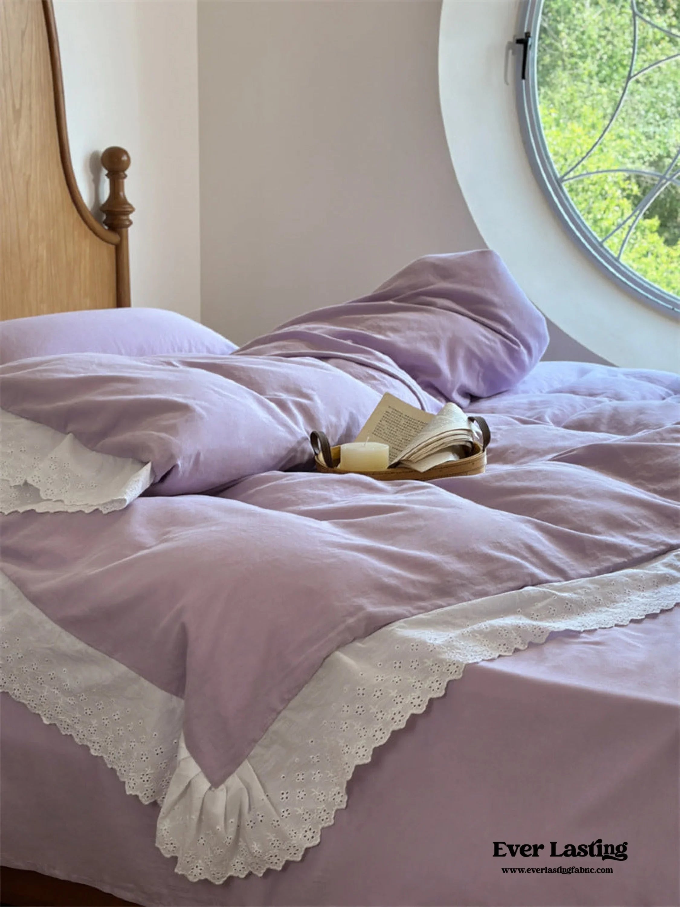 White Ruffle Lace Bedding Set / Purple Ever Lasting