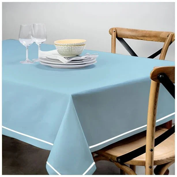 Single Embroidery Border Sateen Cotton Solid Table Cloth - Light Blue PushpLinen