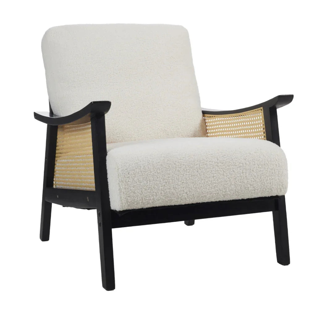 White Single Leisure Sofa, Rattan Decorative Armrest Upholstered Boucle Fabric Wingback Armchair with Padded Seat for Living Room Lounge Sofa Meeting Visitor Chair Cozy Chair for Bedroom Home Office House Of Avana