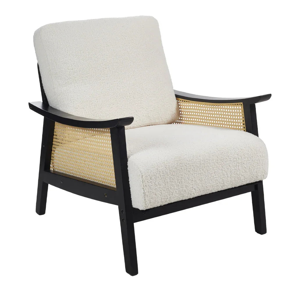 White Single Leisure Sofa, Rattan Decorative Armrest Upholstered Boucle Fabric Wingback Armchair with Padded Seat for Living Room Lounge Sofa Meeting Visitor Chair Cozy Chair for Bedroom Home Office House Of Avana