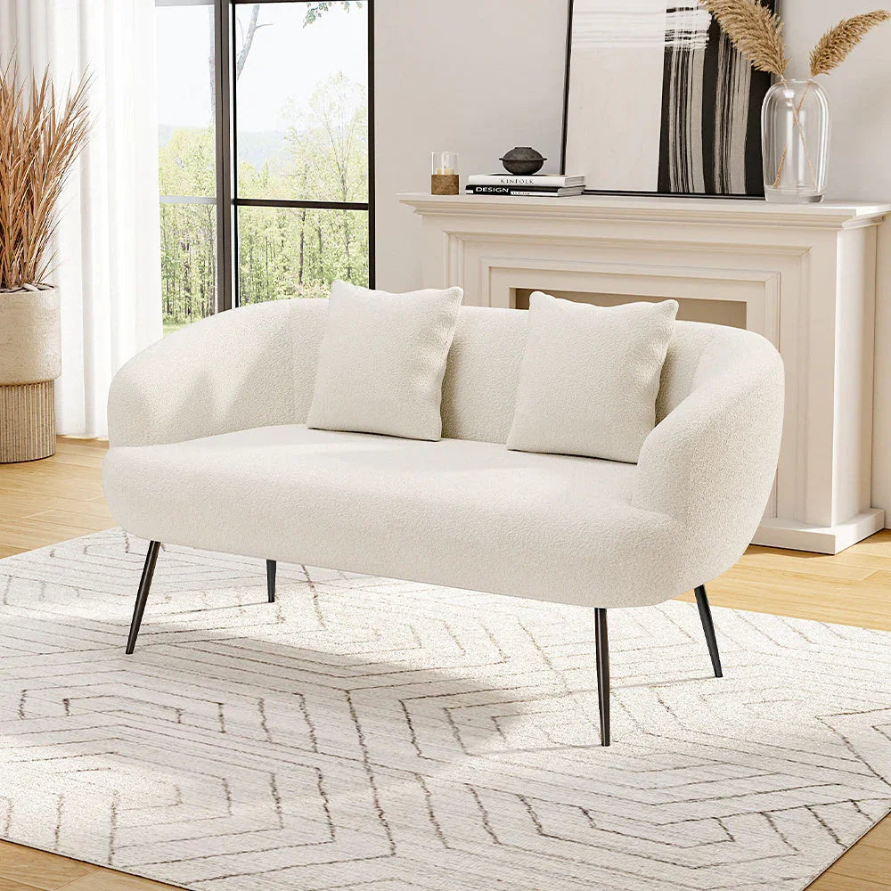 Leather 2-seater White Sofa with Armrests and Throw Pillows, back view - House Of Avana