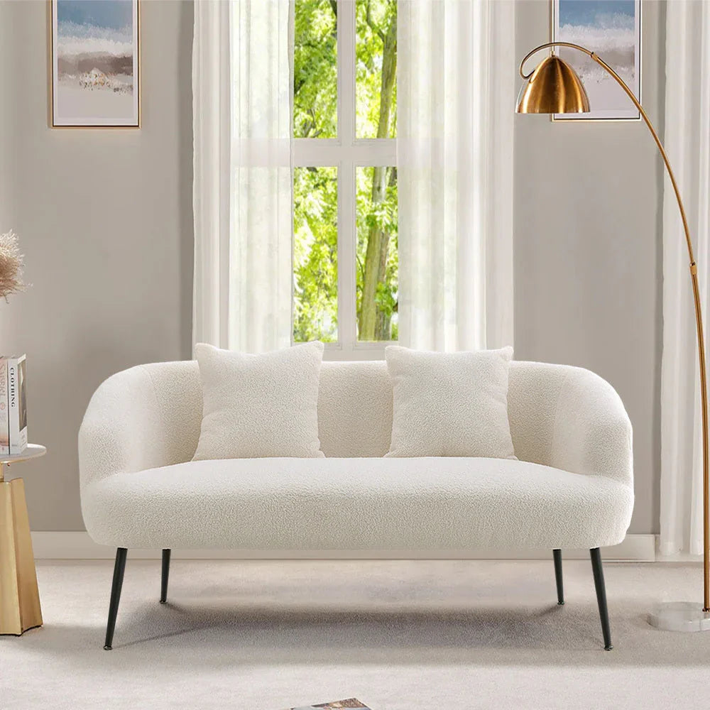 Leather 2-seater White Sofa with Armrests and Throw Pillows, dimensions view - House Of Avana