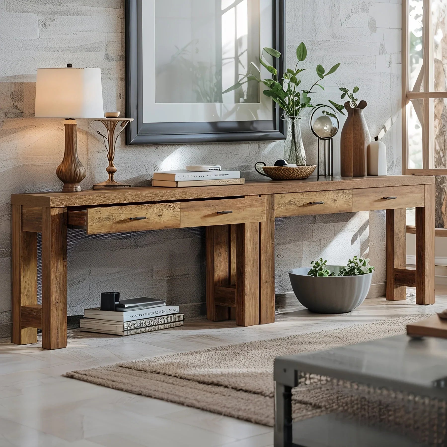 63" Farmhouse Console Table with H-shaped Legs & Drawers - Classic Wooden Entryway Desk, White Wall Art,... - House Of Avana