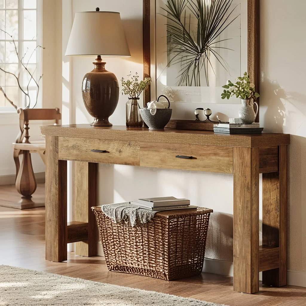 63" Farmhouse Console Table with H-shaped Legs & Drawers - Classic Wooden Entryway Desk, White Wall Art,... - House Of Avana