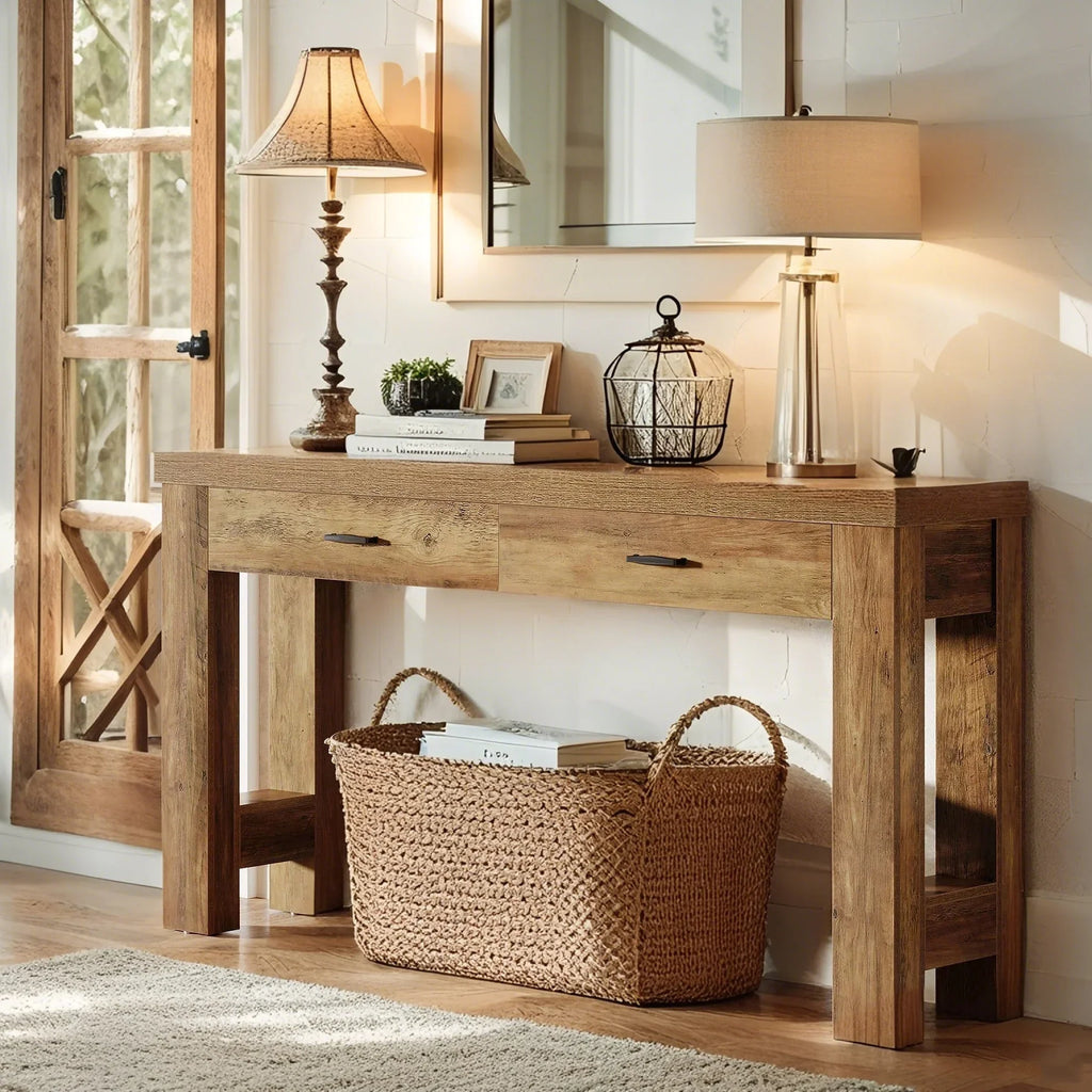 63" Farmhouse Console Table with H-shaped Legs & Drawers - Classic Wooden Entryway Desk, White Wall Art,... - House Of Avana