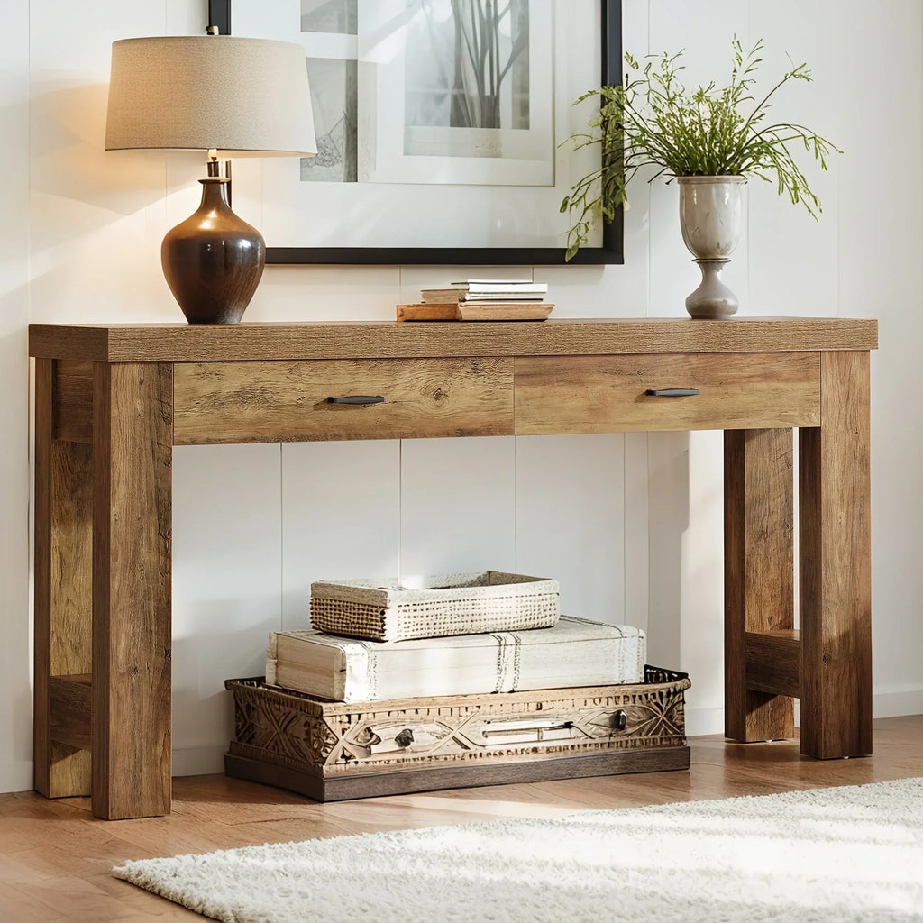 63" Farmhouse Console Table with H-shaped Legs & Drawers - Classic Wooden Entryway Desk, White Wall Art,... - House Of Avana