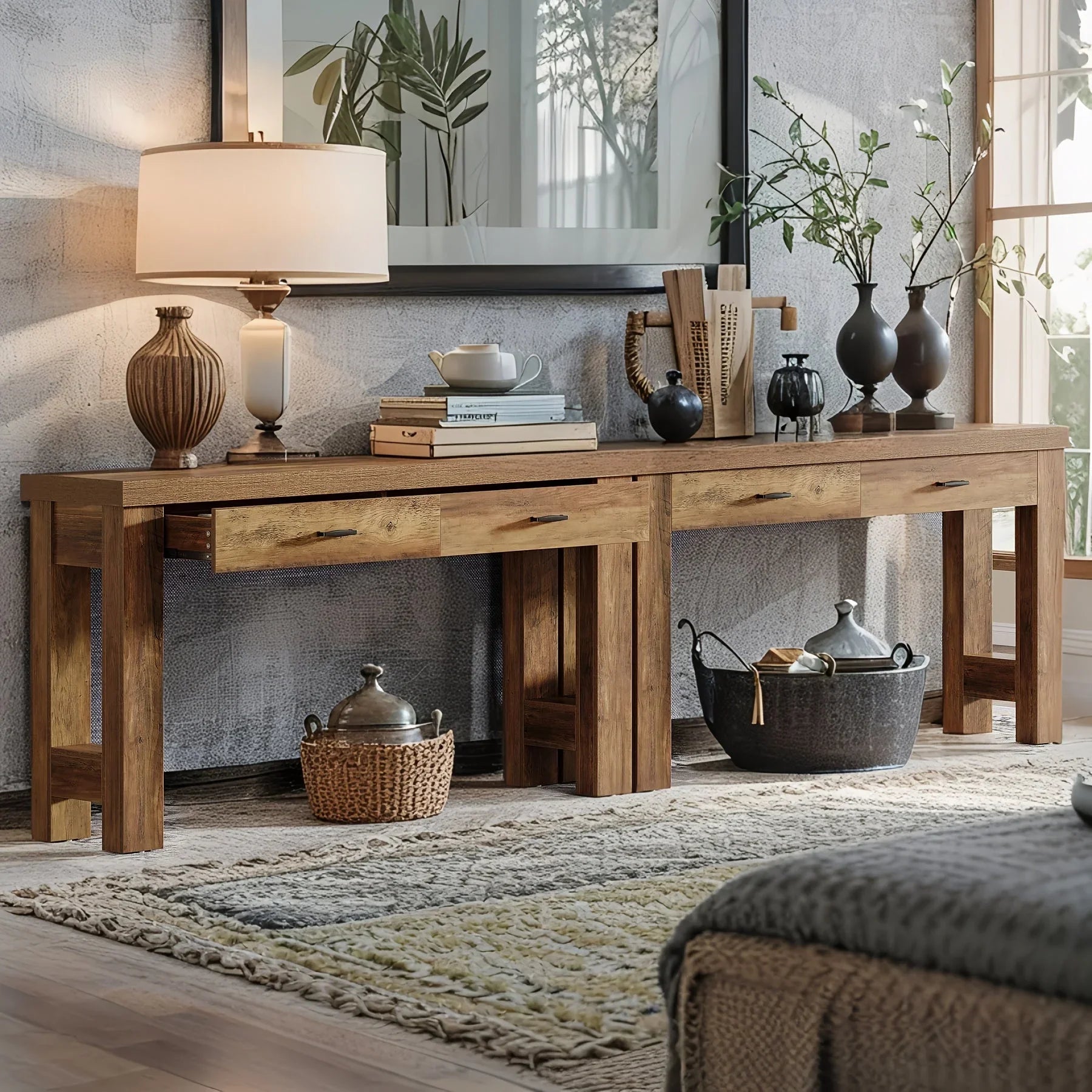 63" Farmhouse Console Table with H-shaped Legs & Drawers - Classic Wooden Entryway Desk, White Wall Art,... - House Of Avana