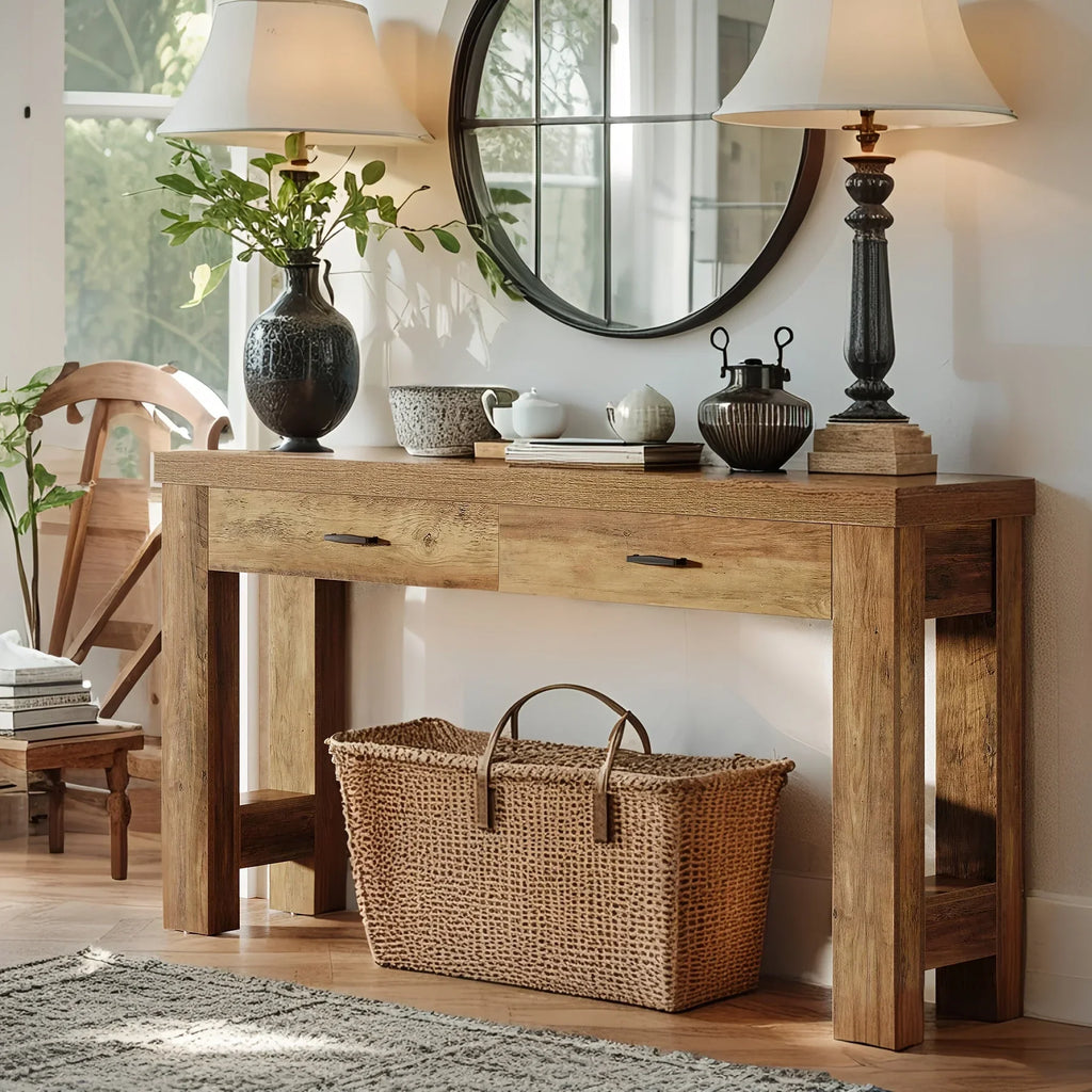 63" Farmhouse Console Table with H-shaped Legs & Drawers - Classic Wooden Entryway Desk, White Wall Art,... - House Of Avana