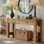 63" Farmhouse Console Table with H-shaped Legs & Drawers - Classic Wooden Entryway Desk, White Wall Art,... - House Of Avana