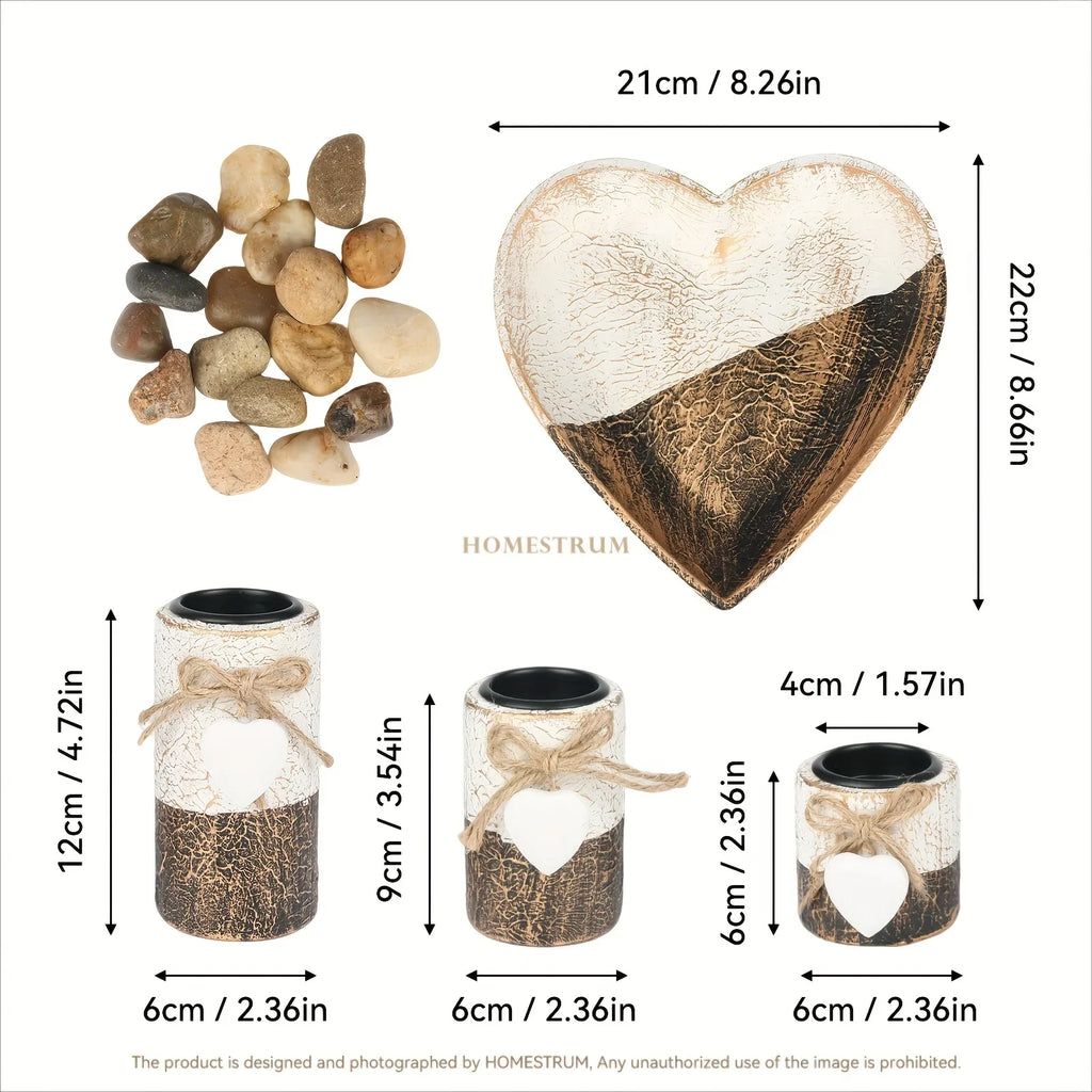 S White Wooden Candlestick Set with Heart Tray & Tea Light Holders - Rustic Farmhouse Candle Holders... - House Of Avana