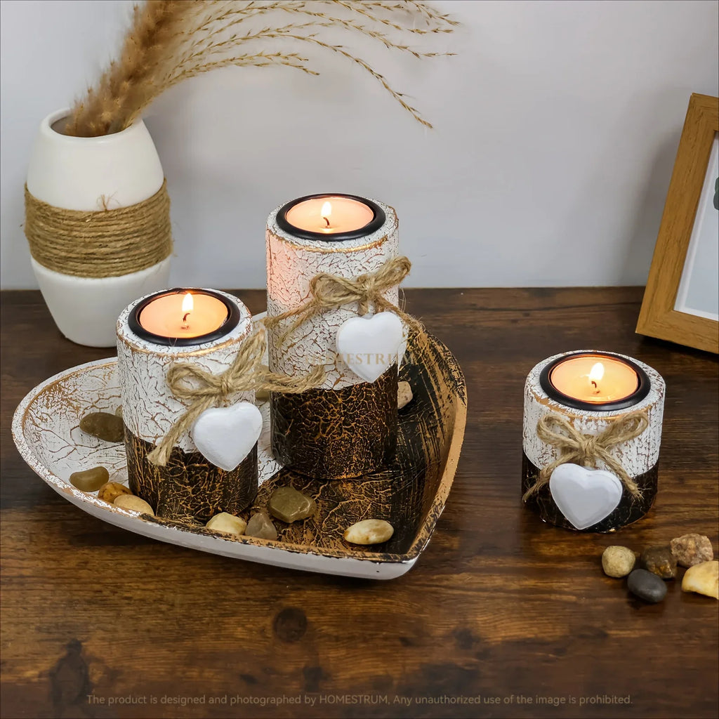S White Wooden Candlestick Set with Heart Tray & Tea Light Holders - Rustic Farmhouse Candle Holders... - House Of Avana