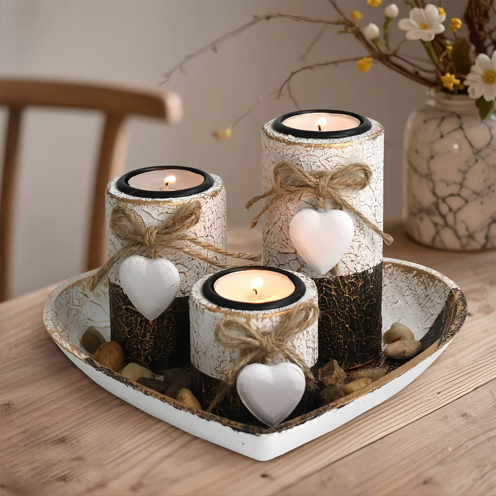 S White Wooden Candlestick Set with Heart Tray & Tea Light Holders - Rustic Farmhouse Candle Holders... - House Of Avana