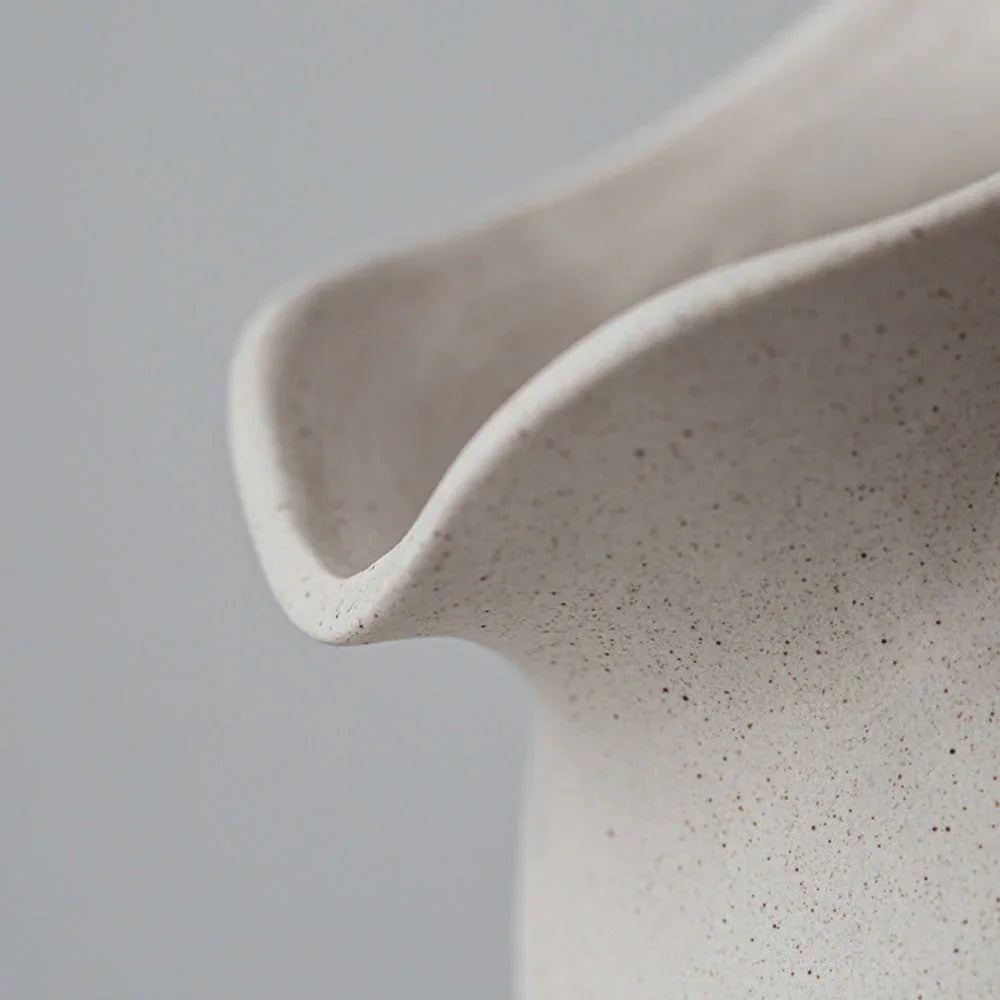 Ceramic Kettle Vase, Rustic White Cylinder Pottery with Handle, angled view - House Of Avana