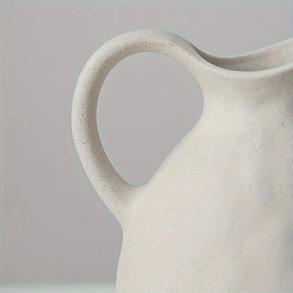 Ceramic Kettle Vase, Rustic White Cylinder Pottery with Handle, angled view - House Of Avana